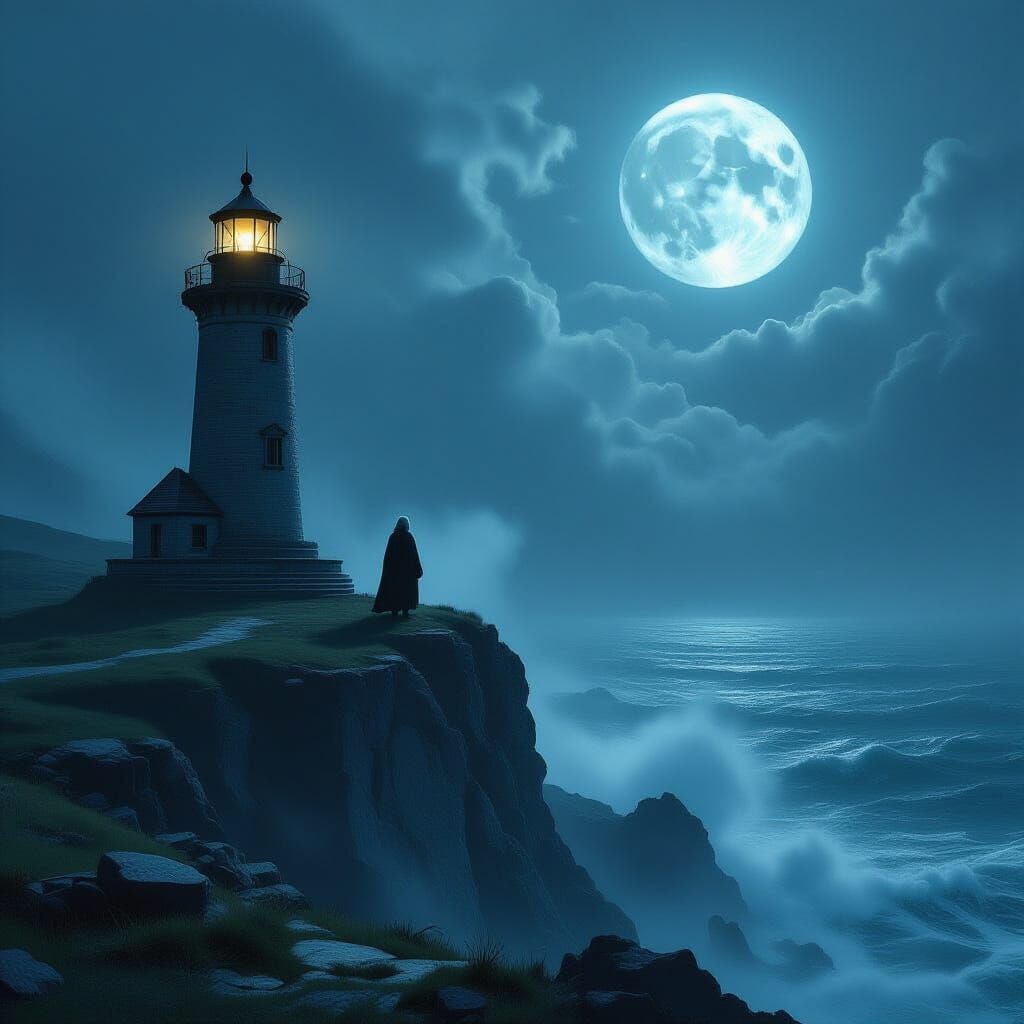 Ancient Lighthouse Keeper on Windswept Cliff Under Full Moon