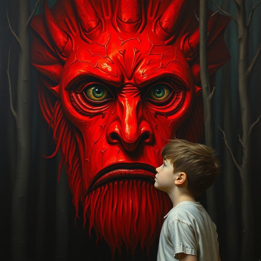 Surreal Encounter in Dark Forest: Oil Painting