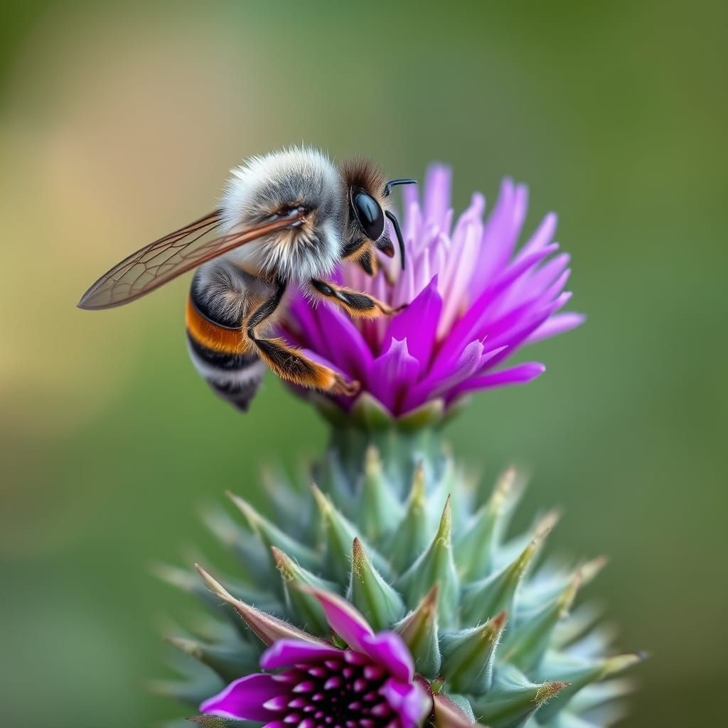 Macro Photo: Bee Feeding on Magenta Thistle Flower