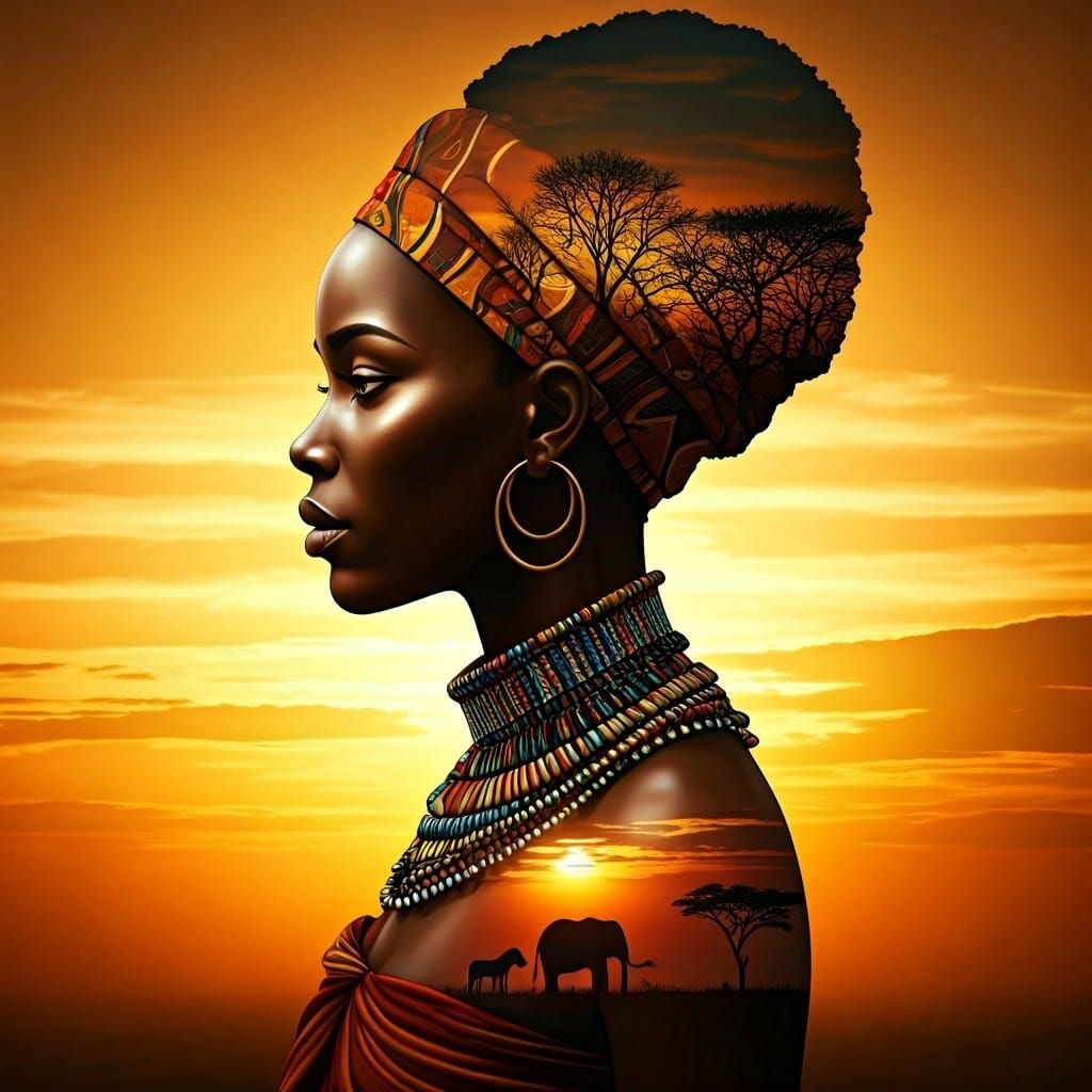 African Woman Silhouette with Savannah Wildlife at Sunset