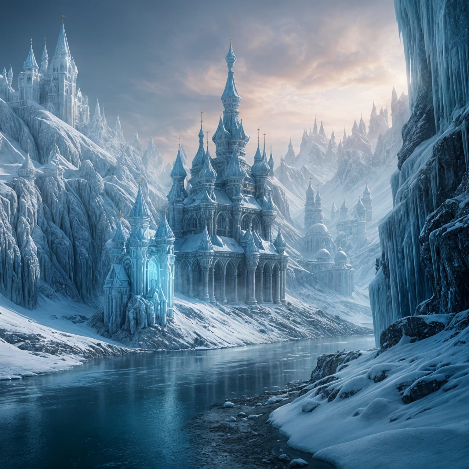 Siberian Ice Palace in Misty Morning, Digital Painting