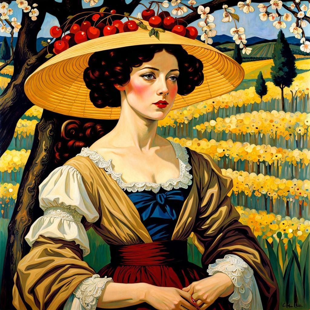 Girl in Cherry Orchard: A Fusion of Art Styles