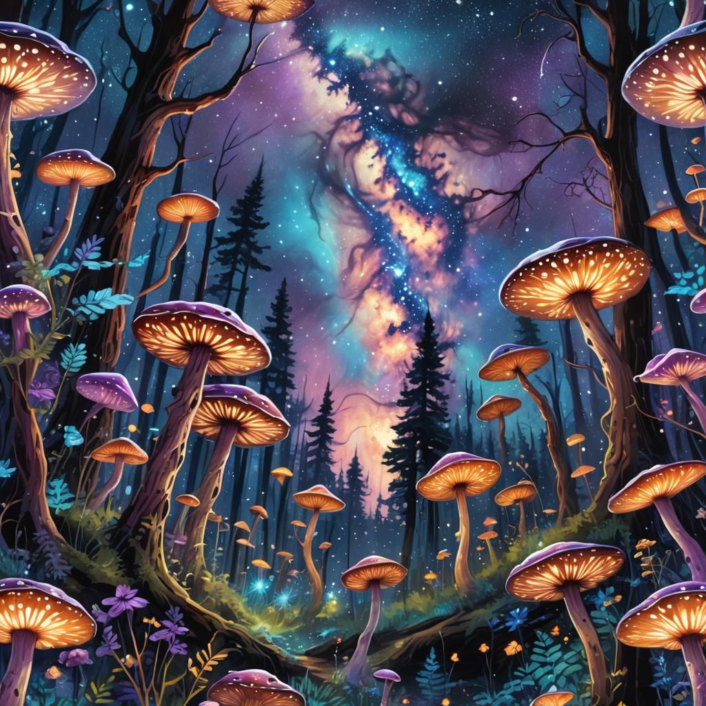Bioluminescent Forest Under Cosmic Galaxy, Mixed Media