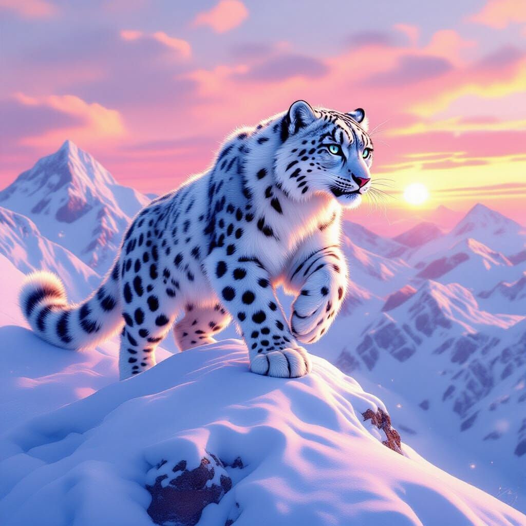 Icy Snow Leopard Leaping at Sunrise: Art Nouveau