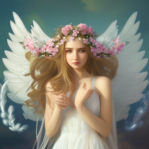 Smiling Princess with Angel Wings and Flower Crown