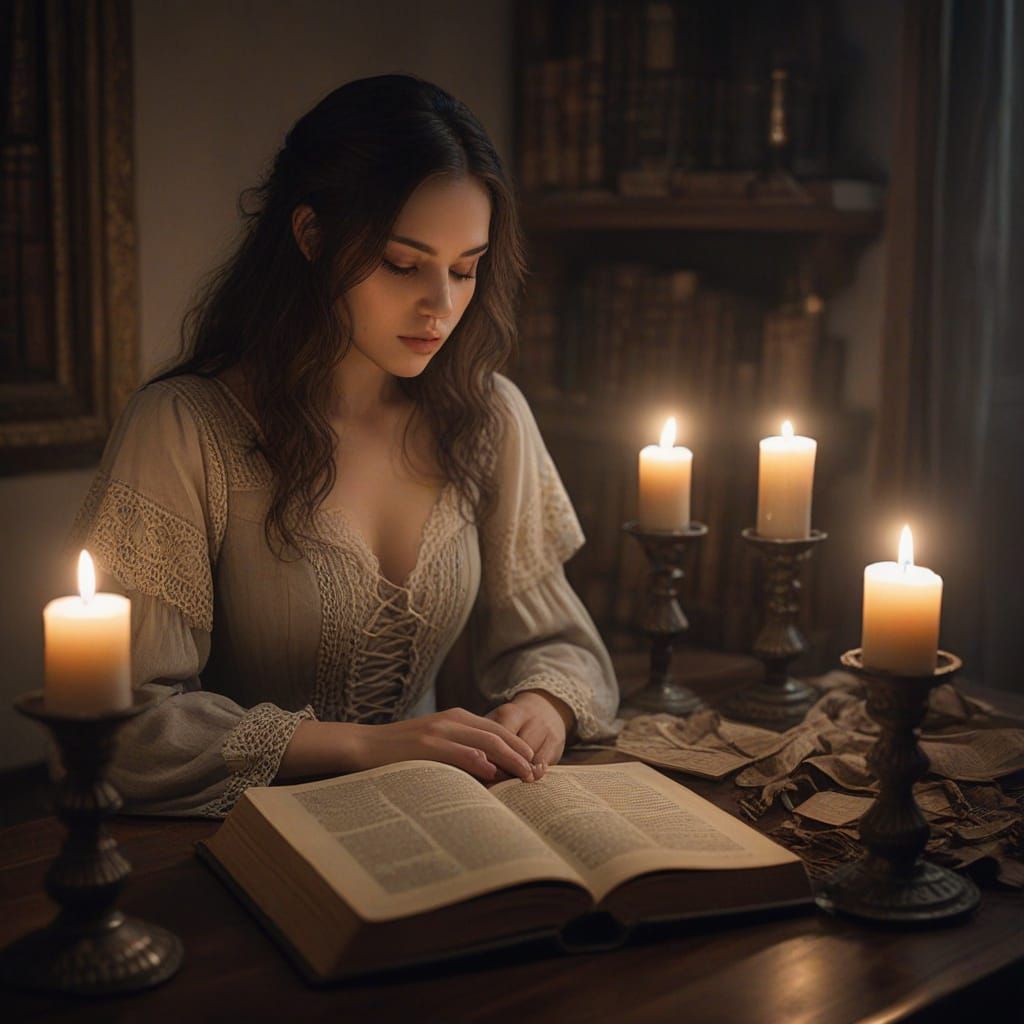 Women in Candlelit Silence, Surrounded by Ancient Tomes in a...