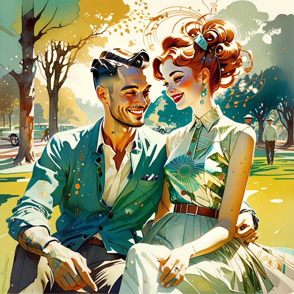 Happy Couple in Park, Stylized Watercolor Art