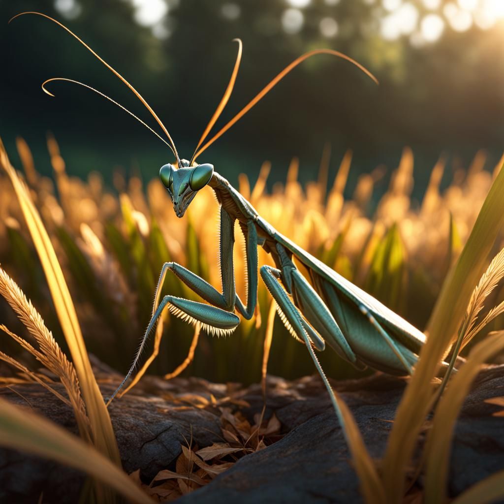 Praying Mantis Eye View in Hyperrealistic Style