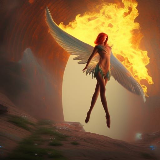 An angelical fairy flying through a tunnel of fire