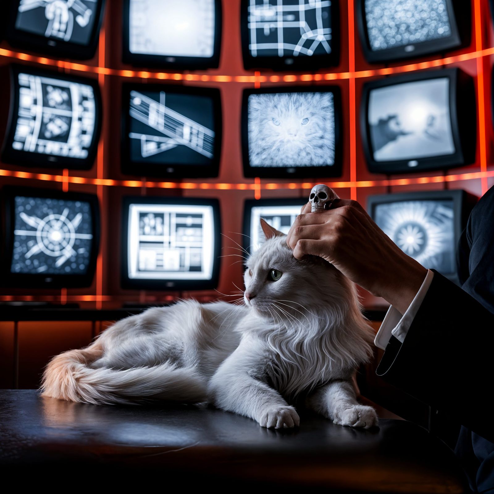 Sophisticated Villain with Cat in Lair, High Contrast Photo