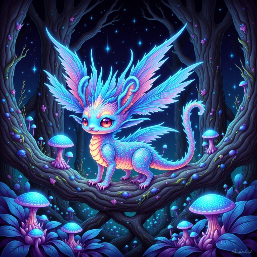 Bioluminescent Creature in Alien Forest, Manga Art Style