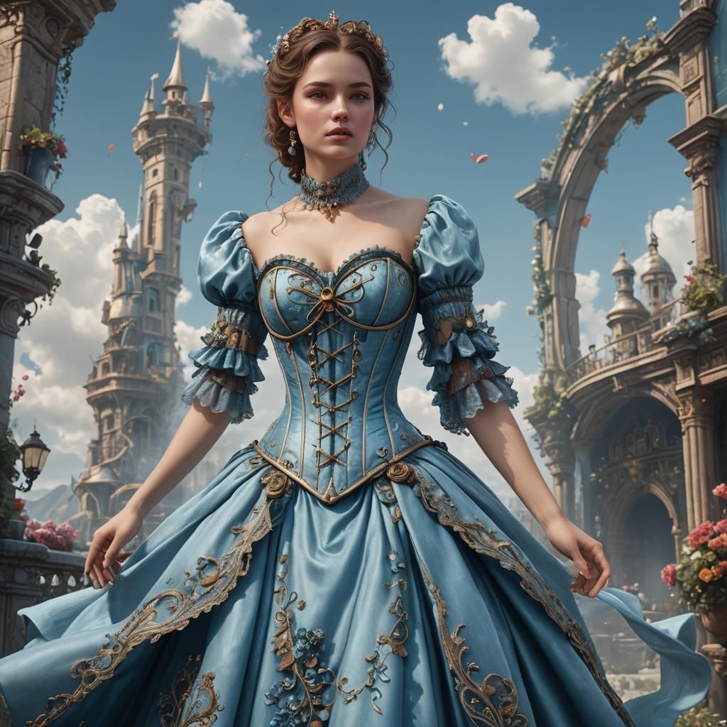 Sky Blue Corset Dress in Detailed Matte Painting