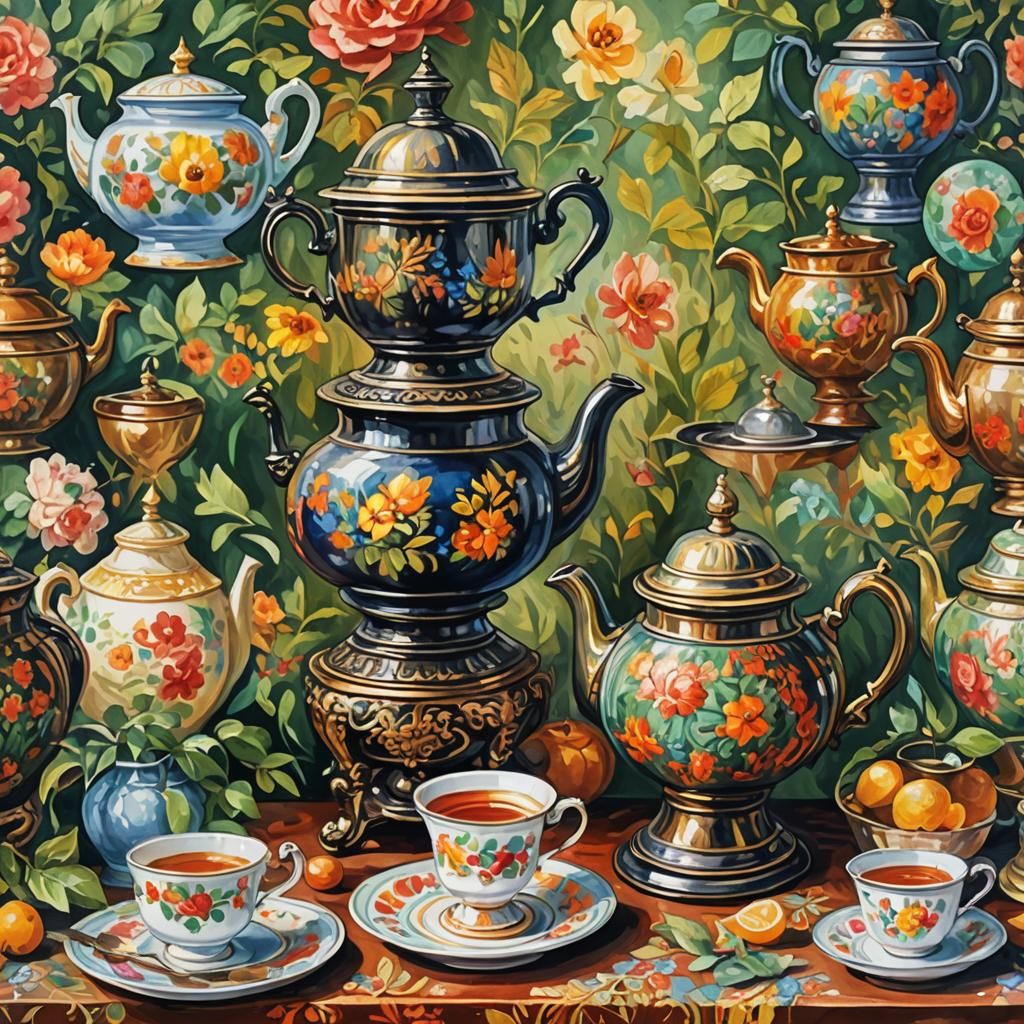 Russian Samovar in Gouache Watercolor Style
