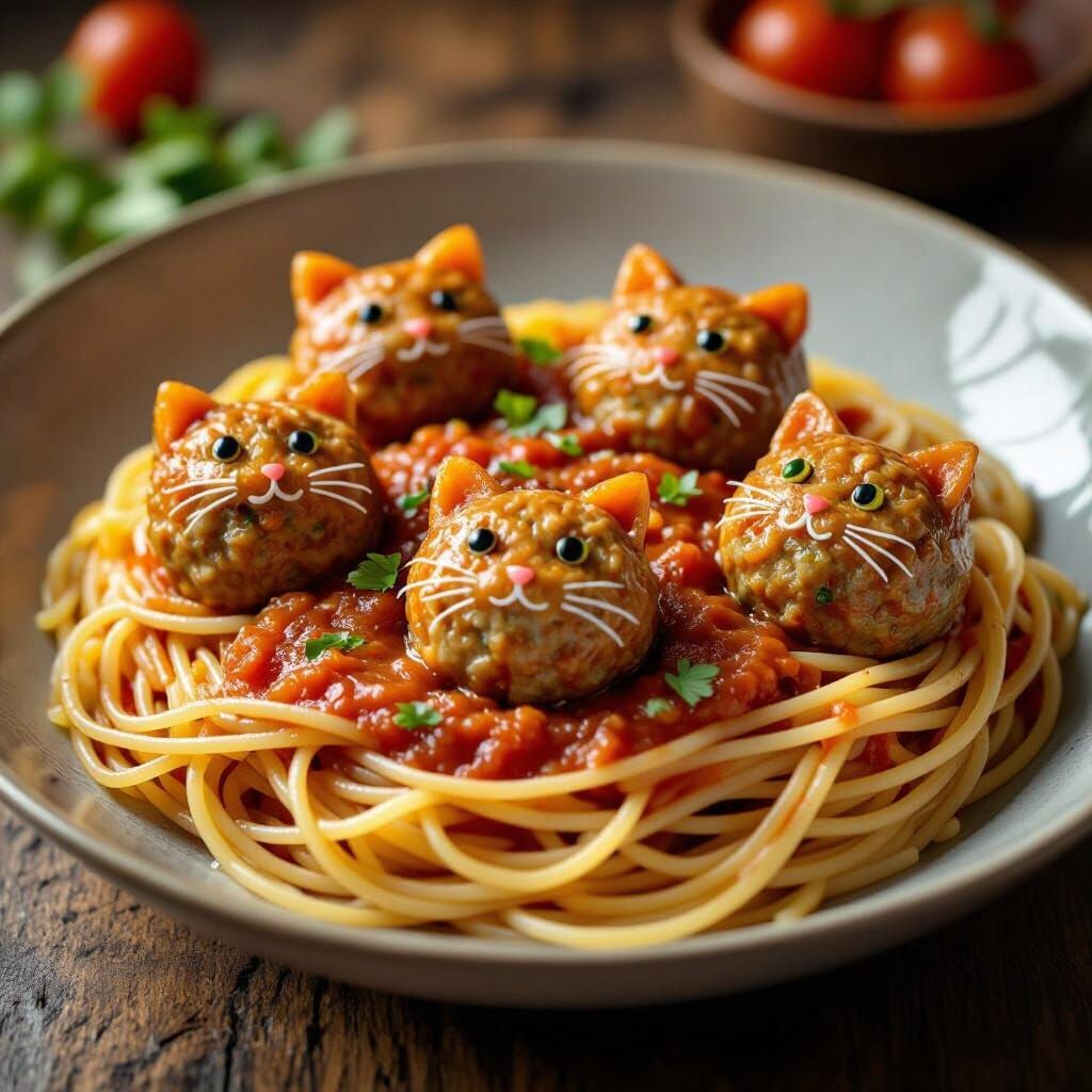 Whimsical Cat-Shaped Meatball Spaghetti