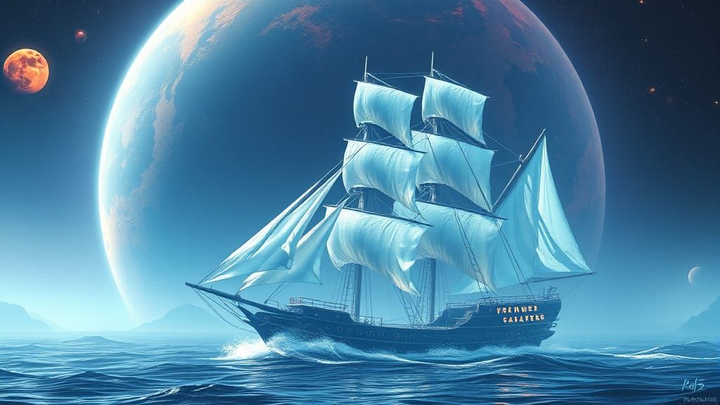 Iridescent Ghost Ship Over Colorful Planet, Digital Art