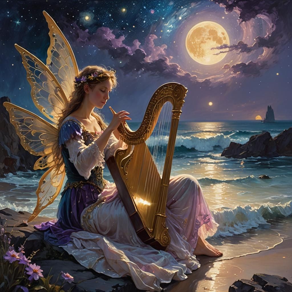 Fairy Harpist Under Galaxy Sky, Oil Painting