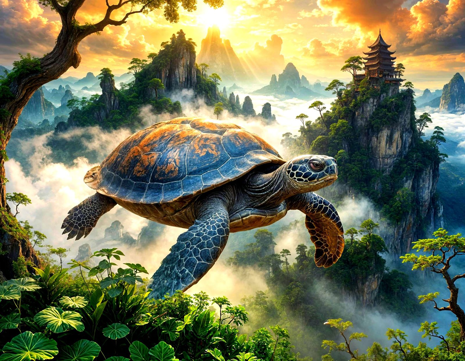 Ethereal Turtle Bird Soars Through Cloudy Mountainscapes in ...
