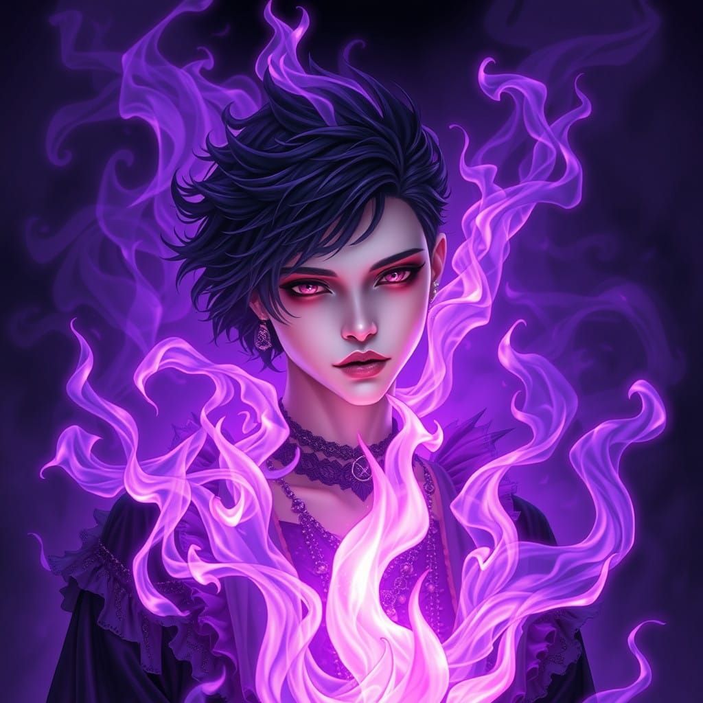 Ethereal Emo God in Mystical Purple Flames