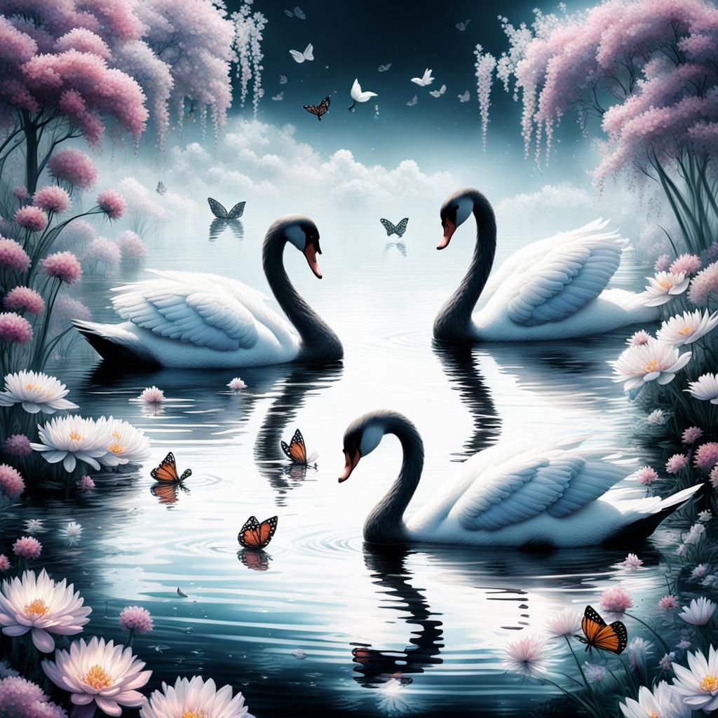 Opal Swans in a Floral Lake: Hyperrealistic HDR Image