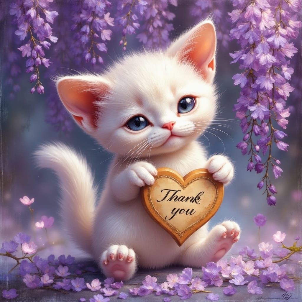 Pearl Cat Holds 'Thank You' Sign Amidst Wisteria