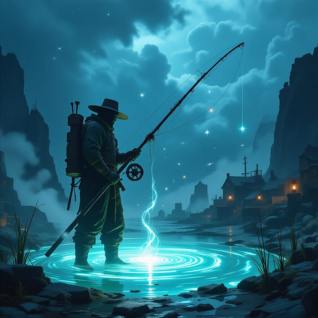 Rusted Iron Fisherman in Glowing Pool, Surreal Digital Matte...