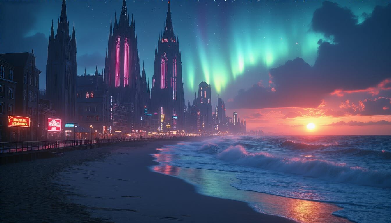 Neon Gothic Metropolis on a Beachfront