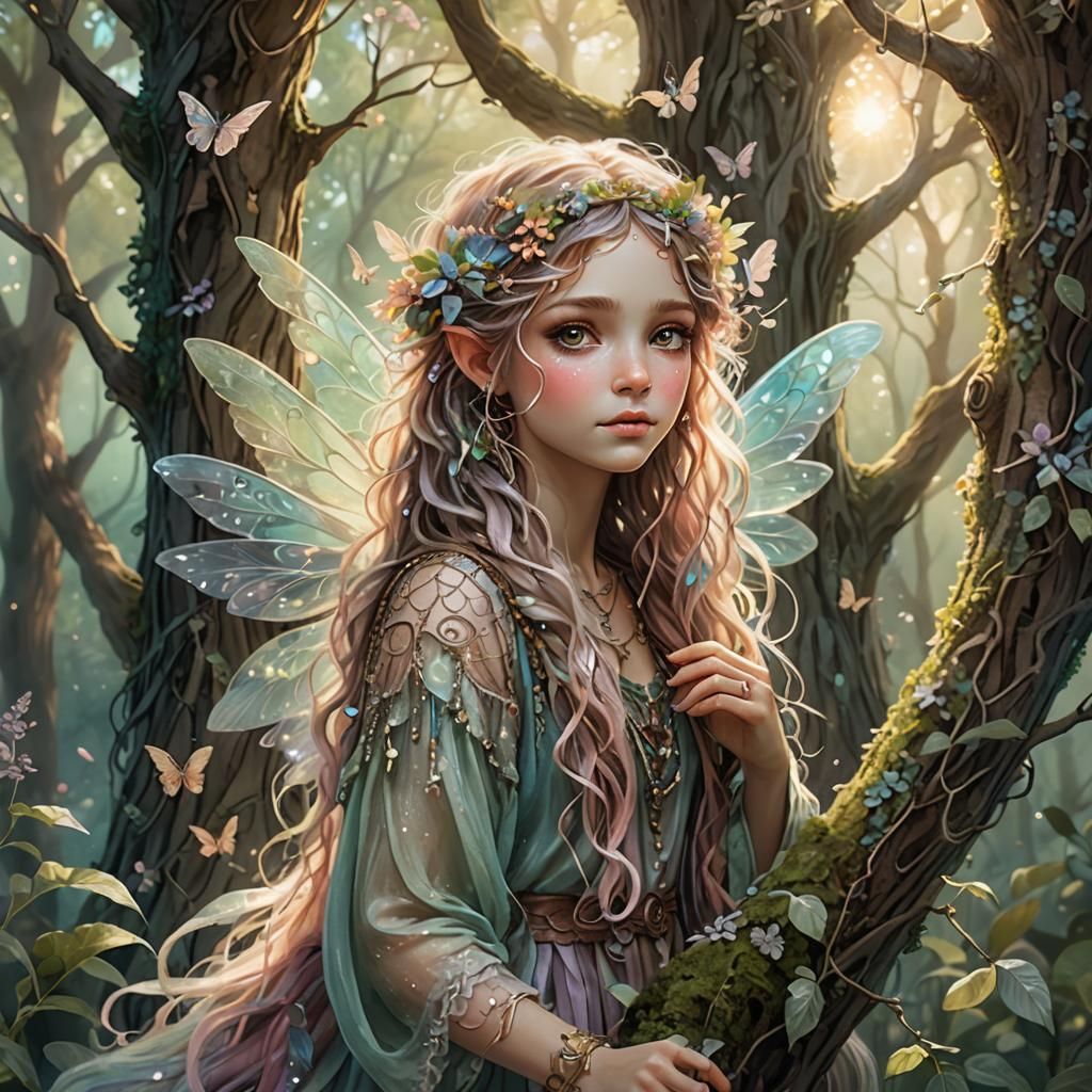 Boho Punk Fairy Peeking Around Tree