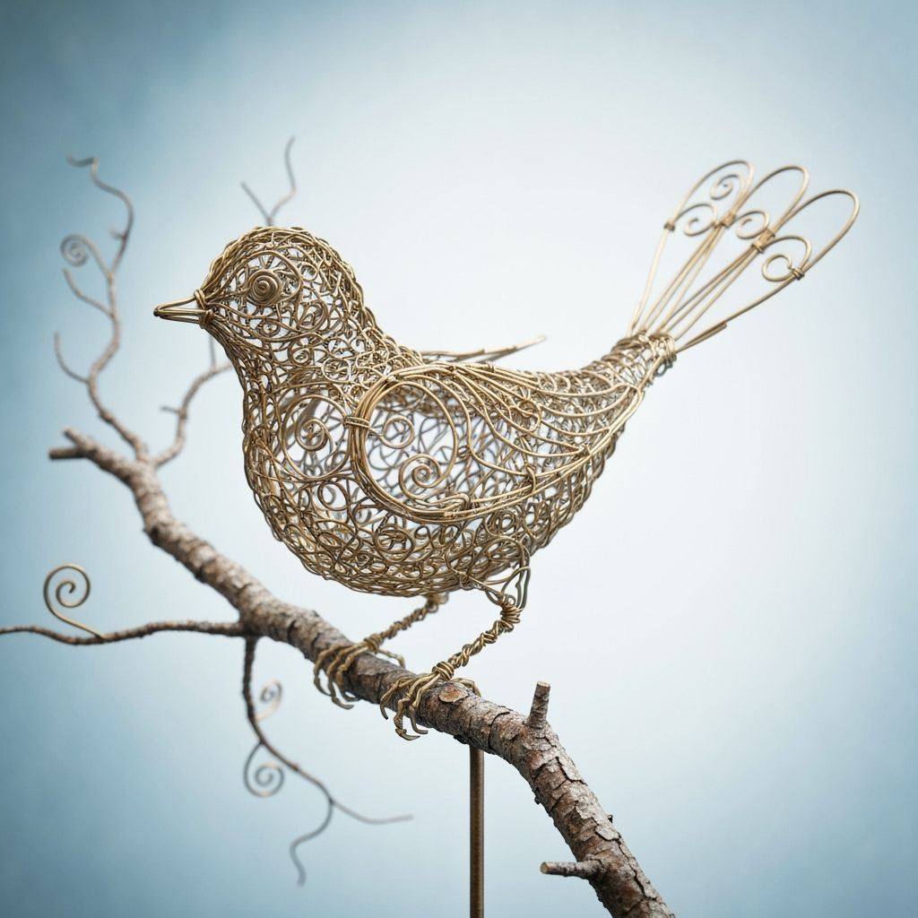 Gold Wire Bird Sculpture in Whimsical Style