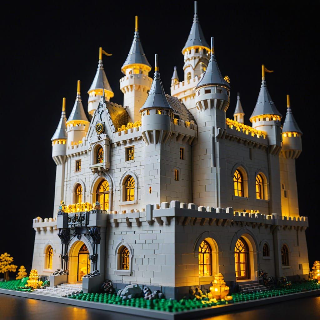 Glowing Lego Fortress in Cyberpunk Style
