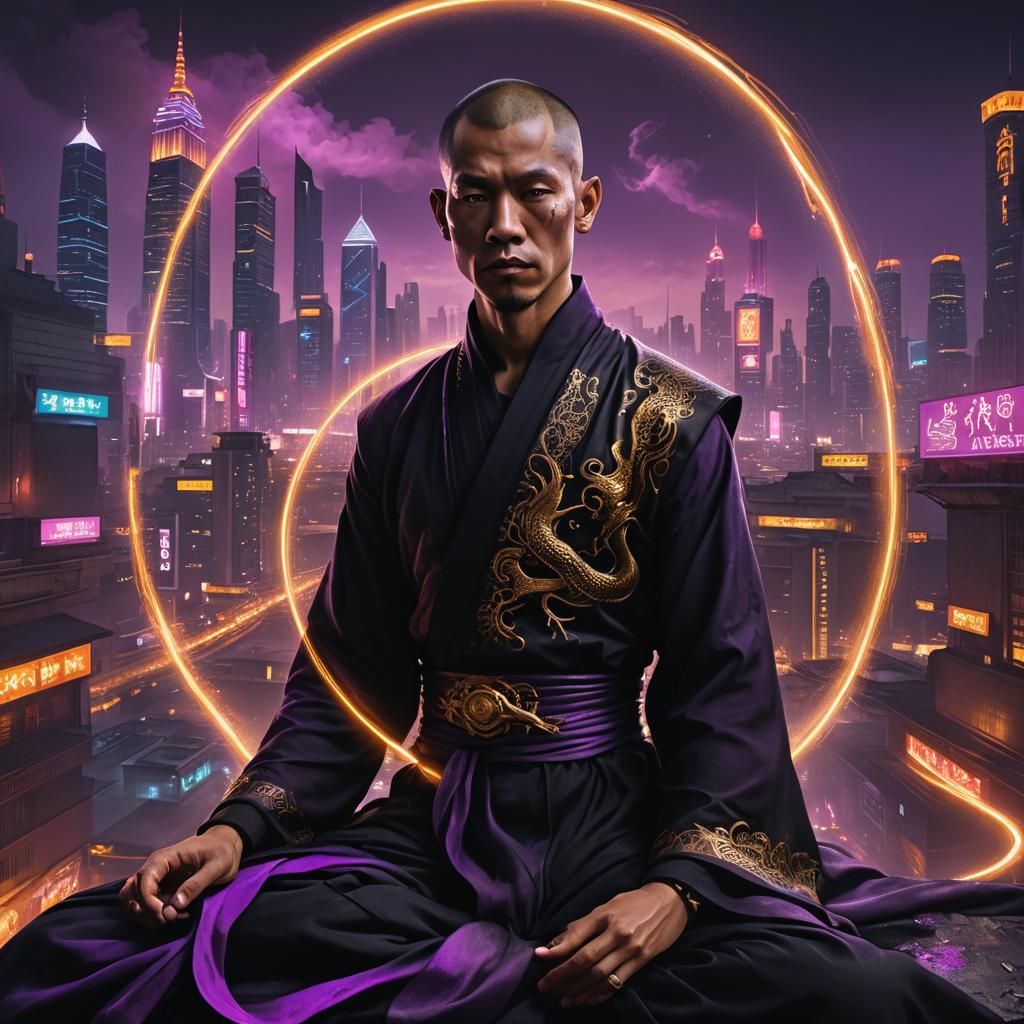 Cyberpunk Monk Meditating in Neon Cityscape