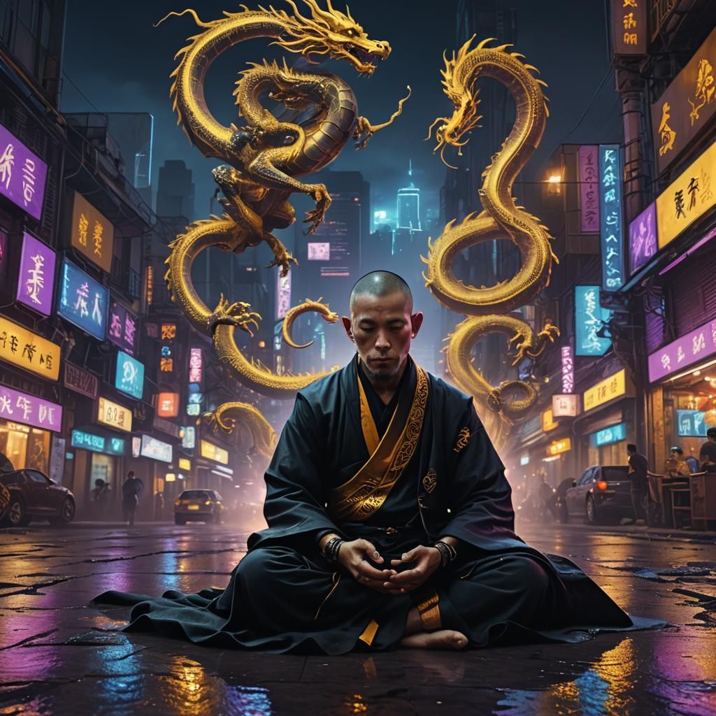 Cyberpunk Monk Meditating in Neon Cityscape