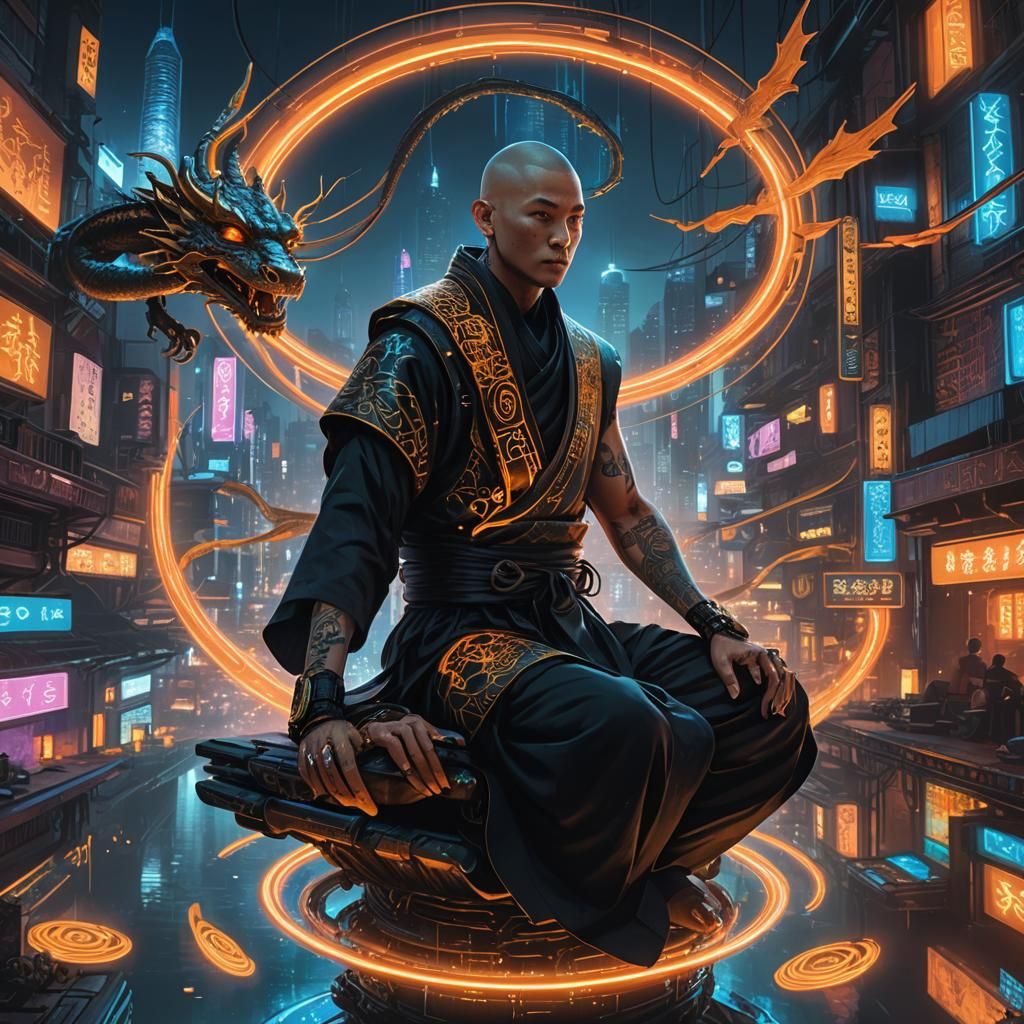 Cyberpunk Monk Meditation in Neon Cityscape