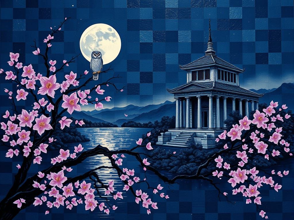 Owl in Serene Sakura Landscape, Ancient Roman Temple and Mou...