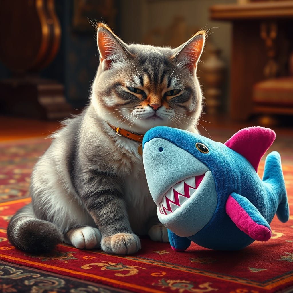 Fat Cat Enchants with a Whimsical Shark Friend