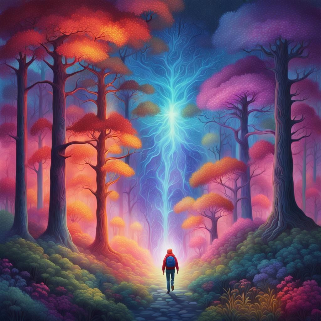 Mystical Forest: Ethereal Cosmic Oil Painting of Hiker