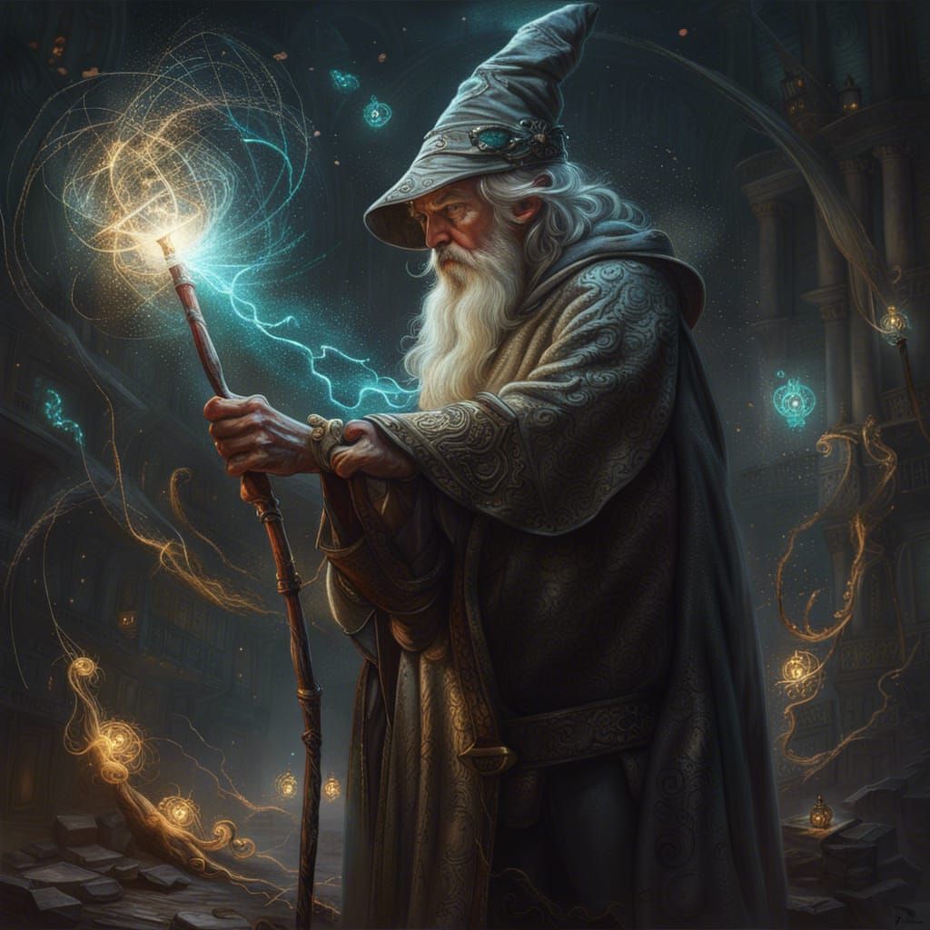 Elaborate Wizard Casting Spell in Hyperdetailed Fantasy Art