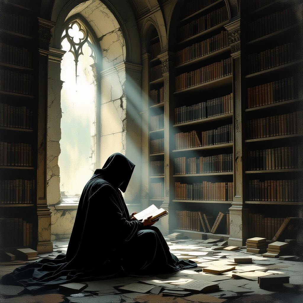 Monk Meditating in Ancient Library, Painterly Style