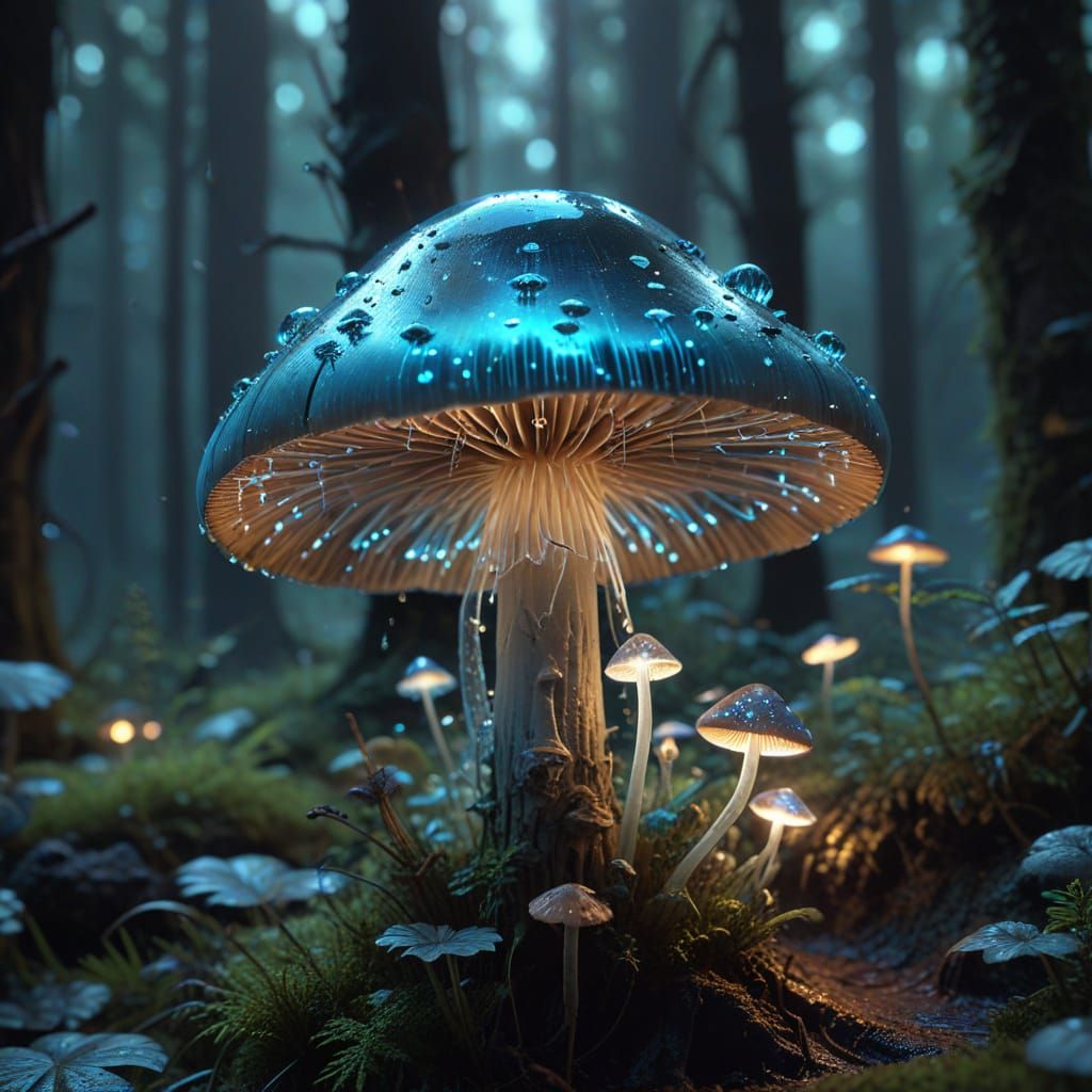 Bioluminescent Mushroom in Dark Forest