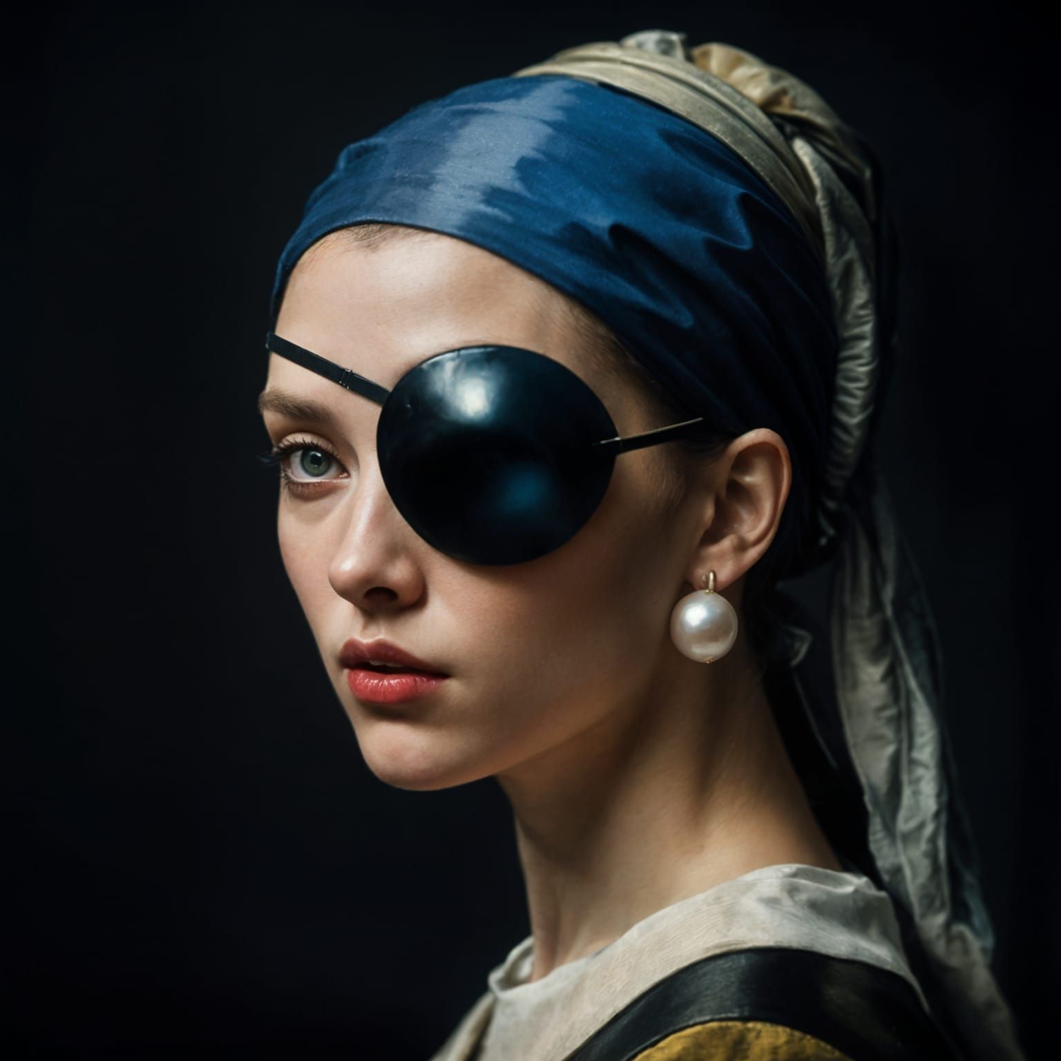 Girl with Pearl Earring and Eyepatch in Vermeer Style