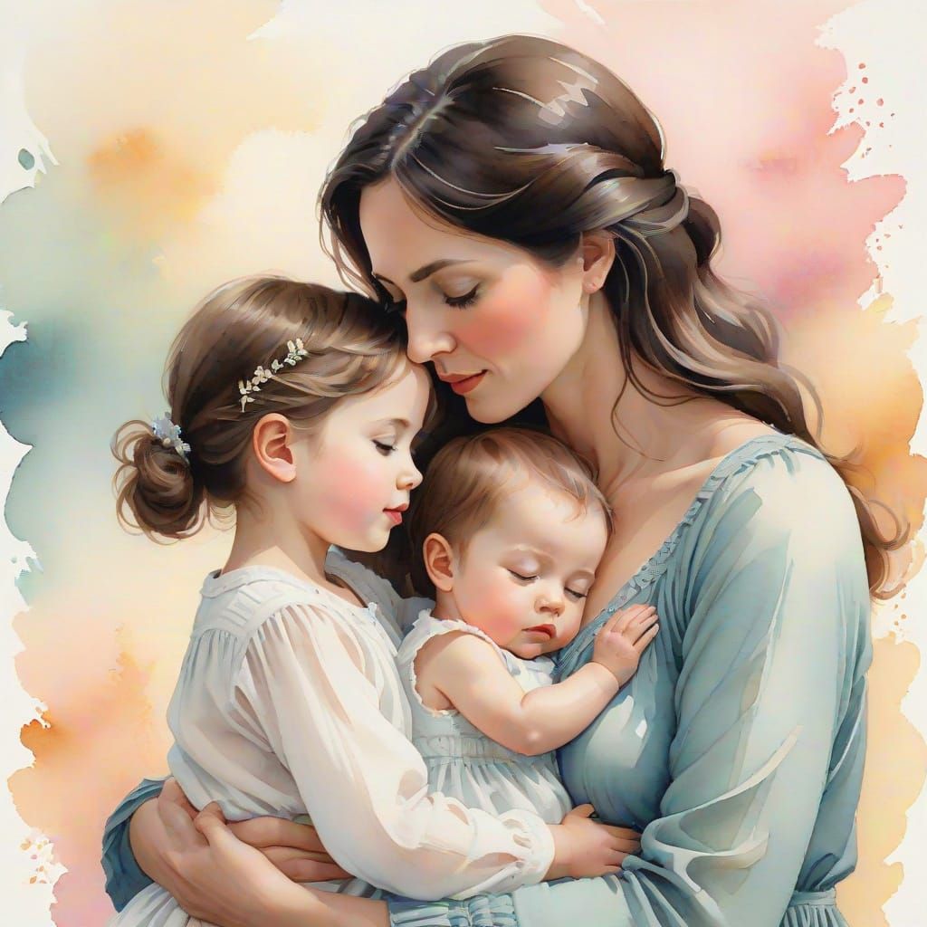 Mother and Child in Soft Watercolor Whimsy