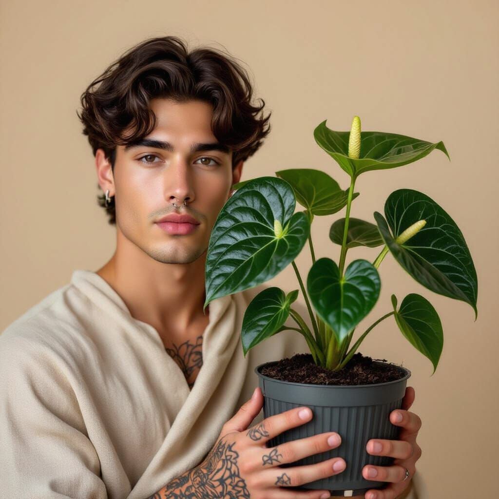 Smartphone Portrait of Man with Anthurium Plant