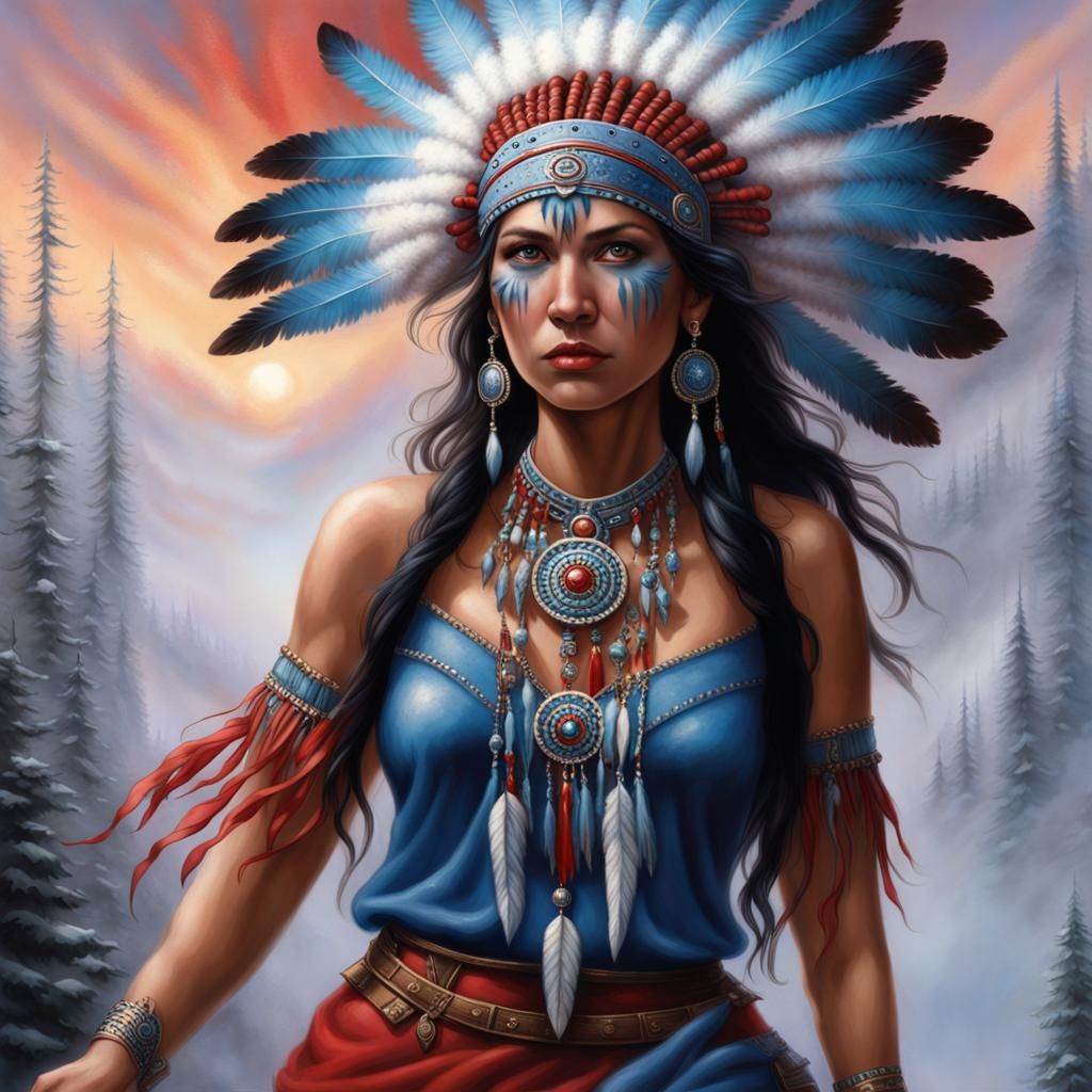 Native American Woman with Fire and Ice Powers