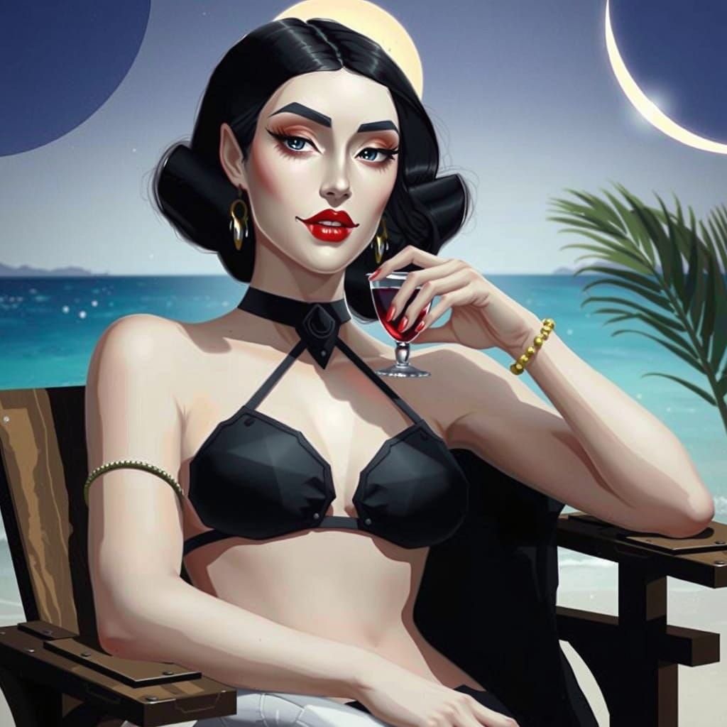 Sultry Vampire Goddess in Art Deco Beach Chair