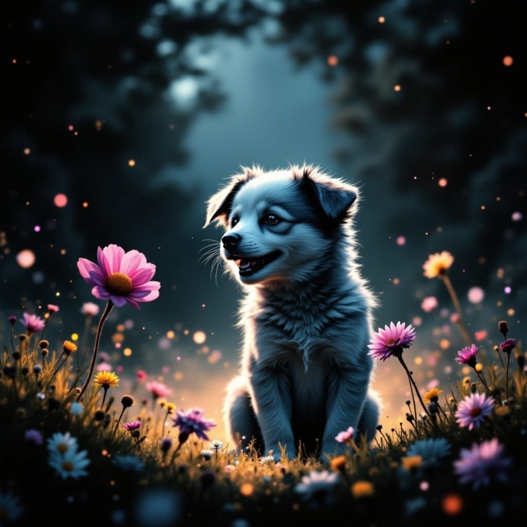 Adorable Puppy in Sunlit Meadow Storybook Illustration