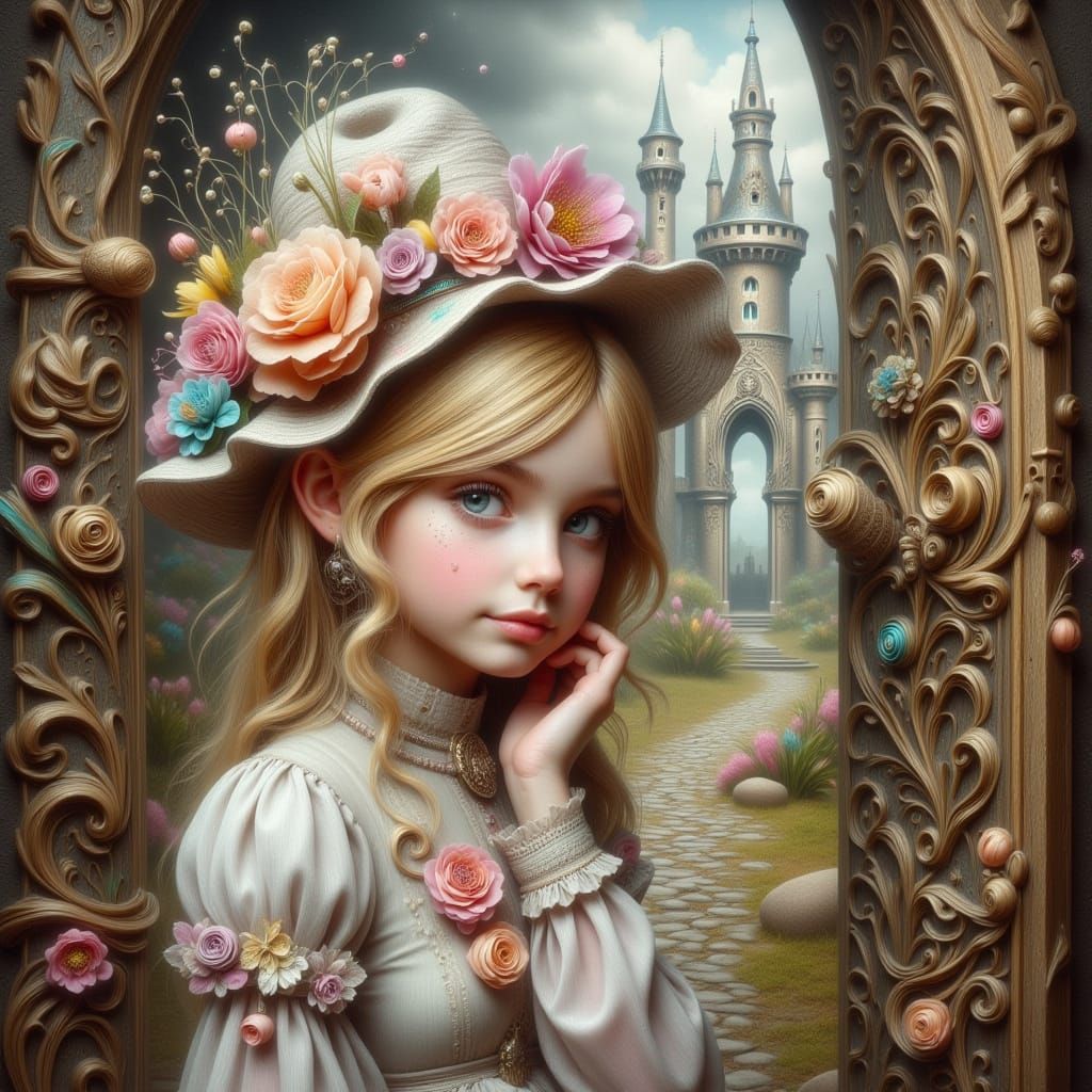 Whimsical Fairy Tale Castle Portrait with Girl in Fantasy Ar...