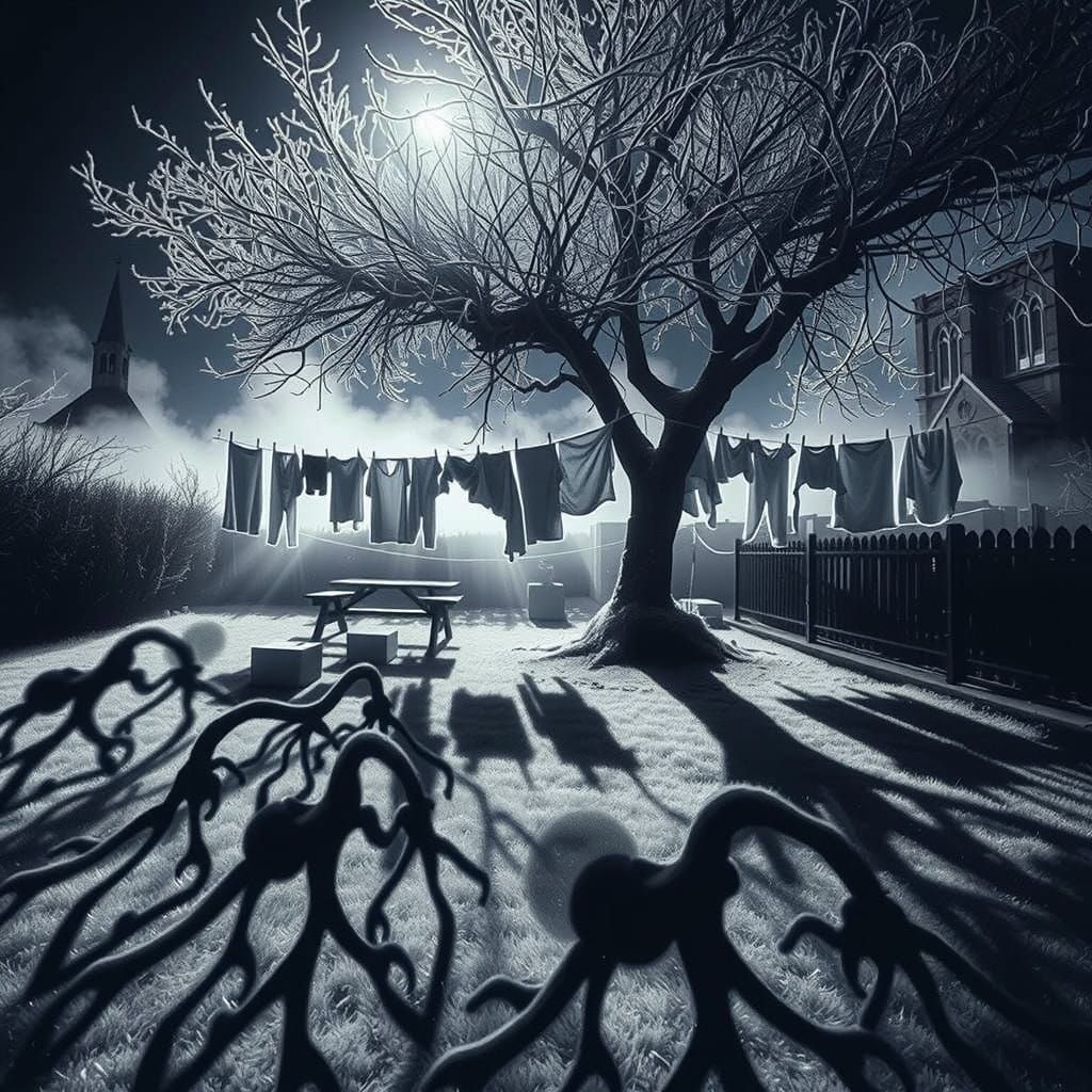 Nocturnal Laundry Line Shadows in Frosty Garden
