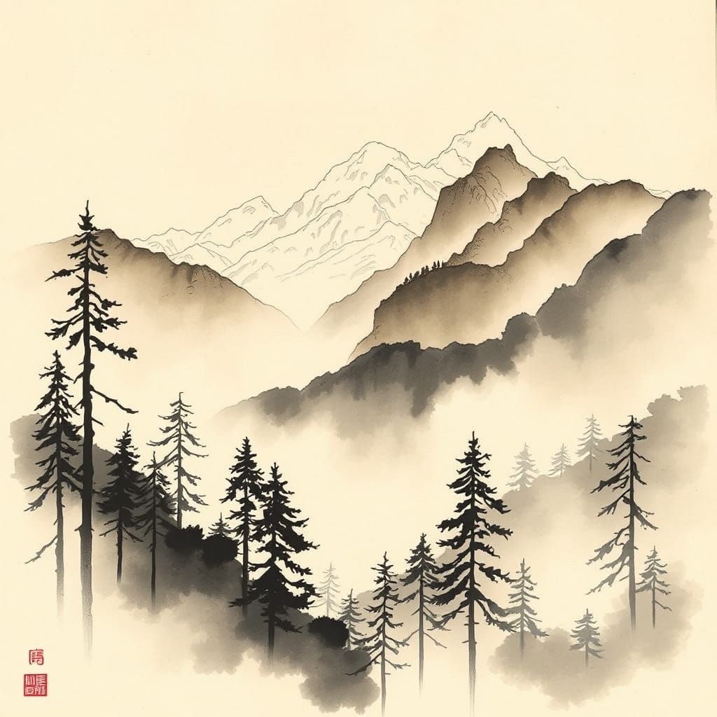 Ink Landscape: Forest and Mountains in Mist