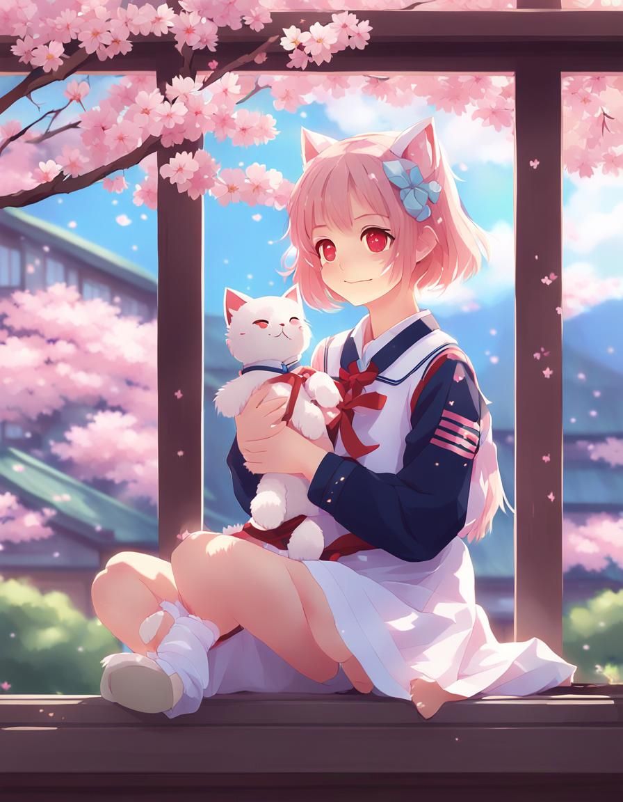 Anime Catgirl with Cherry Blossoms, WLOP-Inspired Art