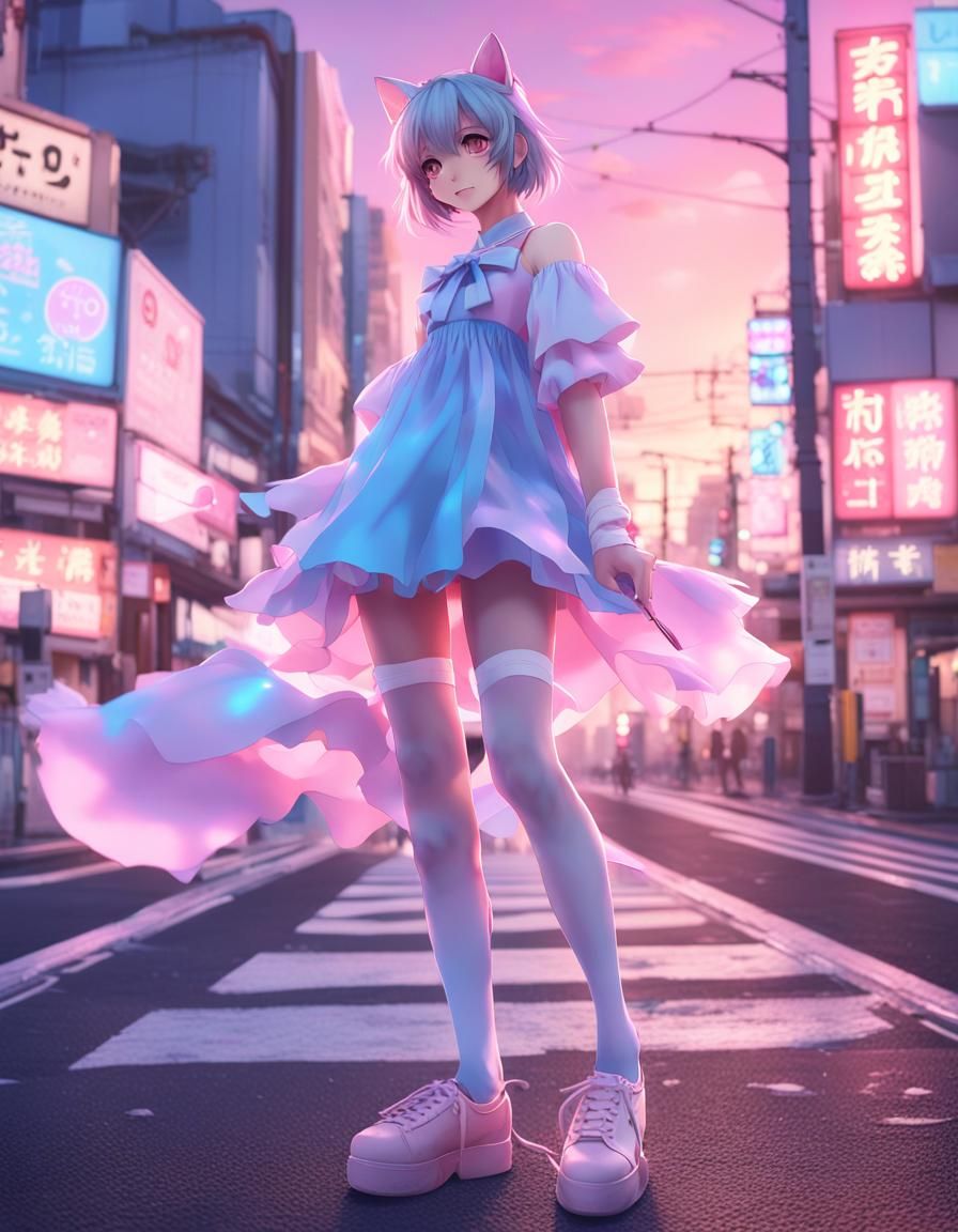 Catgirl Male Trap Posing in Tokyo Street: Digital Art