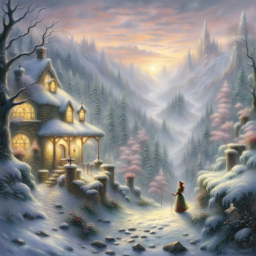Ethereal Elf in Winter Fantasy Landscape